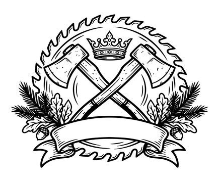 Crossed wood-cutting axes with crown and saw blade circle emblem badge graphic illustration black and white pine branches lumberjack forestry woodworking illustration woodsman adventure