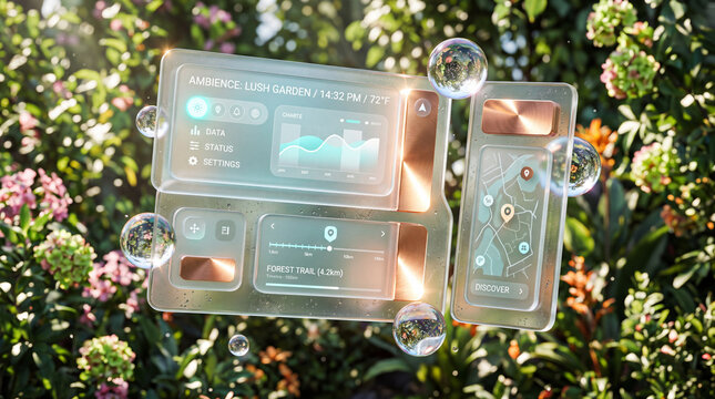 Futuristic glass user interface panels floating in a lush natural garden