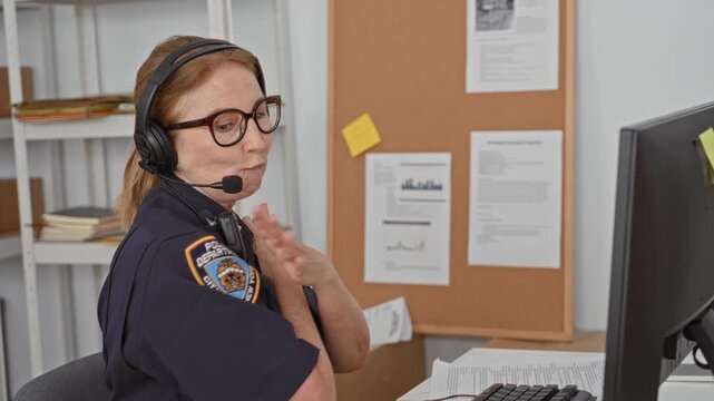 Woman police officer with headset and microphone raises fists and smiles at computer in building; relief teamwork support.