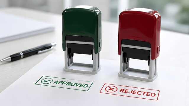 Official document verification process featuring green approved and red rejected self inking stamps on printed paperwork representing traditional business decision making and contract authorization