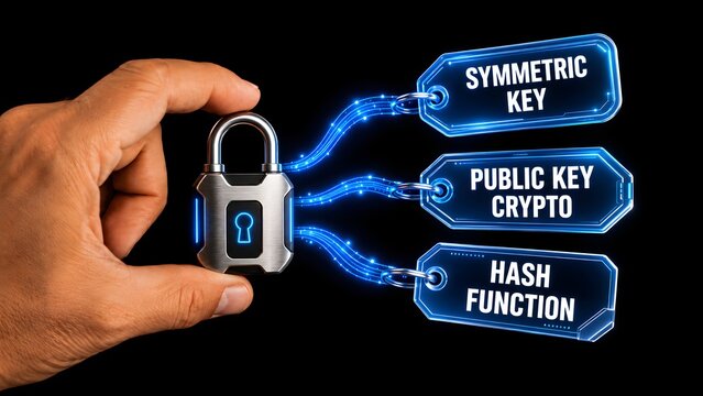 Cryptography security concept featuring a hand holding a physical padlock connected to digital tags for symmetric key public key crypto and hash function