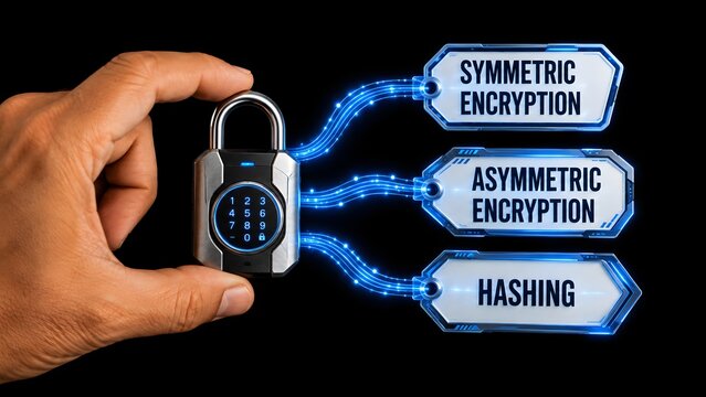 Digital cybersecurity encryption concept showing a keypad padlock connected to symmetric asymmetric and hashing cryptographic protocol tags