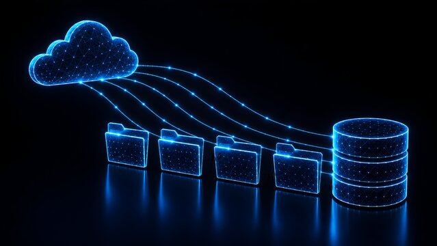 Wireframe cloud computing network showing polygonal data folders migrating to a central database server in a futuristic digital mesh
