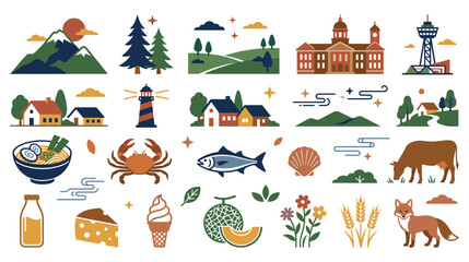 Fototapeta premium Nature landscapes and regional food icons in flat minimalist style.