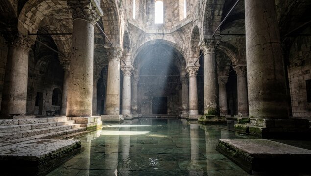 Ancient underground cistern showcases massive stone columns reflecting in still, clear water below.