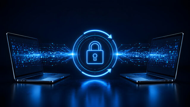Secure key exchange protocol concept showing two laptops connected by encrypted data stream and central padlock representing safe digital communication