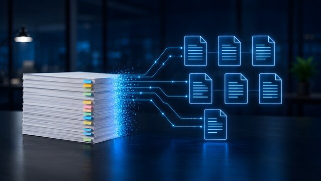 Digital document transformation process converting physical paper stack into organized electronic files for paperless office workflow automation
