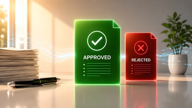 Modern paperless office concept featuring digital approved and rejected document holograms standing next to physical paper stacks on a sunny desk