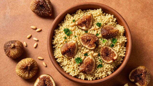 Delicious healthy bowl of couscous topped with fresh sliced dried figs and parsley leaves on a rustic terracotta plate with pine nuts scattered on a warm textured background