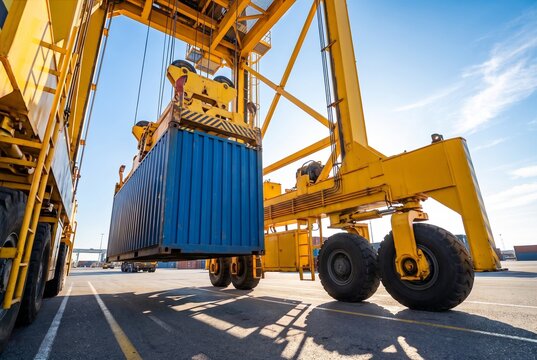 Heavy straddle carrier lifting freight container in busy harbor yard for maritime engineering catalog
