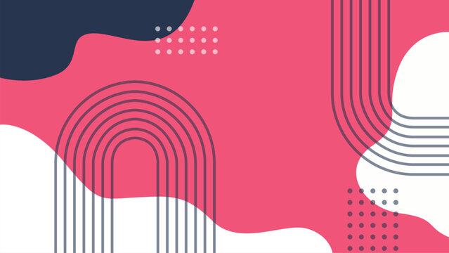 Abstract memphis background with pink liquid fluid shapes, arch lines, dots, and geometric elements illustration for banner presentation poster design.