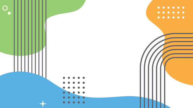 Abstract memphis background with green, blue, and orange fluid shapes, geometric lines, dots, and central copy space illustration for presentation banner.