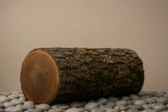 Massive tree trunk section on grey pebbles, rough bark with moss.