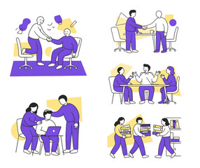 Fototapeta premium Set of flat vector illustrations depicting corporate teamwork and professional collaboration in a modern office environment