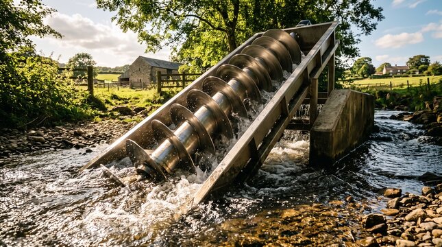 Archimedes screw turbine generating hydro power in a rural stream river