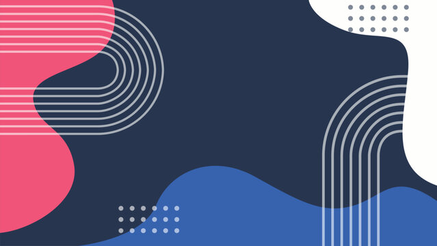 Abstract memphis background with dark navy base, pink and blue fluid shapes, arch geometric lines, dots, and copy space illustration for presentation banner.