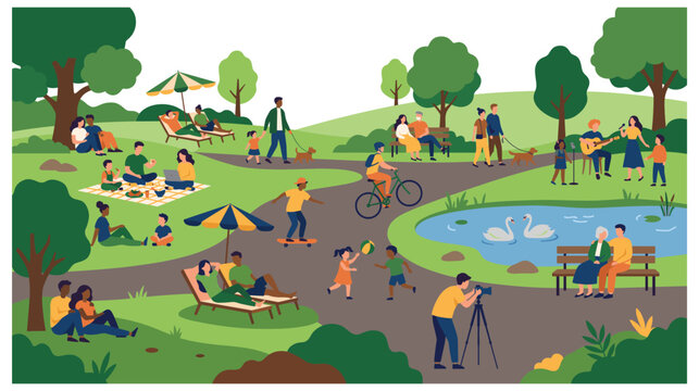 Public city park scene with diverse people enjoying outdoor life.