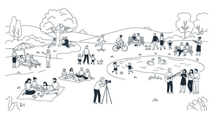 Fototapeta premium Park recreation scene with diverse people outdoor leisure activities.