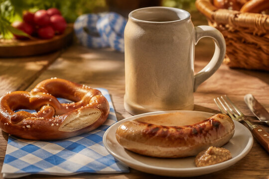 Stoneware beer mug with pretzel and grilled sausage on table, Oktoberfest dining and German cuisine concept
