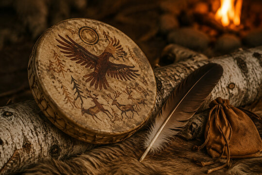 Shamanic frame drum with painted hide on birch log, spiritual and ritual tradition concept