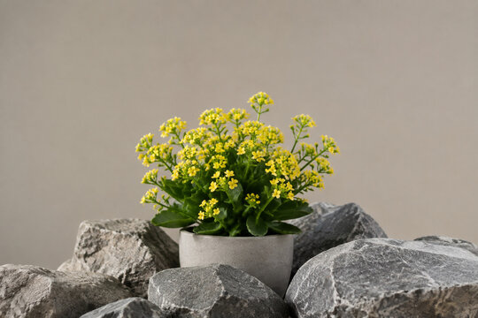 Potted plant with yellow flowers among grey stones, calm natural display