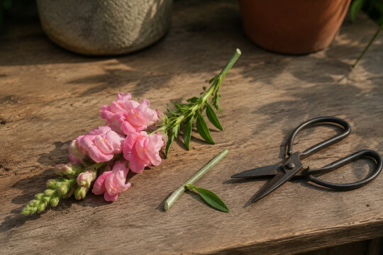 Pink snapdragon stem on potting bench with garden scissors, gardening and pruning concept
