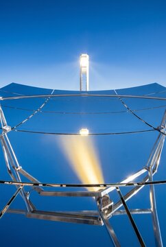 Concentrated solar power CSP tower and reflective heliostat mirror for renewable technology poster