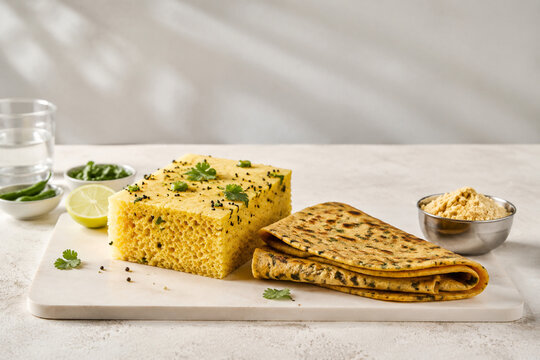 Steamed dhokla square with thepla flatbread and chickpea batter bowl, retail food display