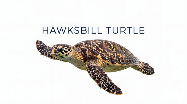 A hawksbill turtle swims gracefully through clear blue water, its patterned shell shimmering beneath the surface