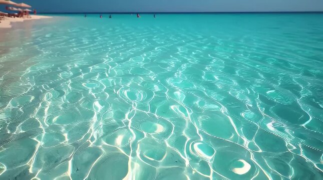 Turquoise tropical ocean water gently laps against a pristine white sand beach creating shimmering reflections and evoking feelings of serenity and idyllic vacation bliss