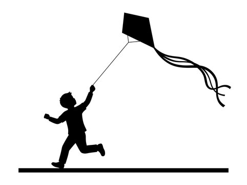 Boy running with a kite in a black silhouette vector illustration showing a child playing outside on the ground.