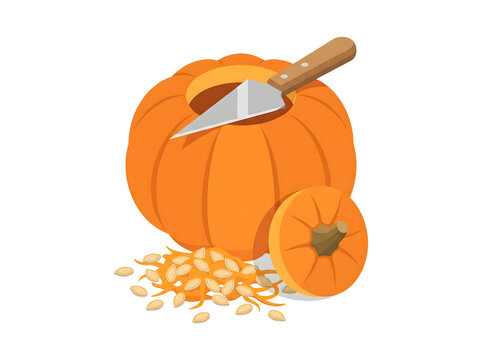 Carved pumpkin stands with a knife stuck in the top opening and seeds scattered below on transparent background.