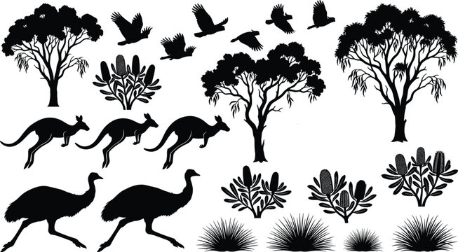 Australian Wildlife and Bush Nature Silhouettes Set of Kangaroos Emus Cockatoos and Eucalyptus Trees