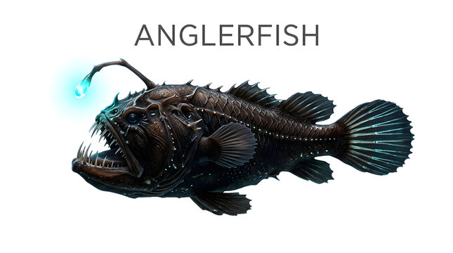 A deep-sea anglerfish with a bioluminescent lure, showcasing its intimidating appearance and unique adaptation.