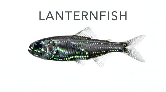 A lanternfish with glowing bioluminescent spots, scientifically identified and presented against a plain background.