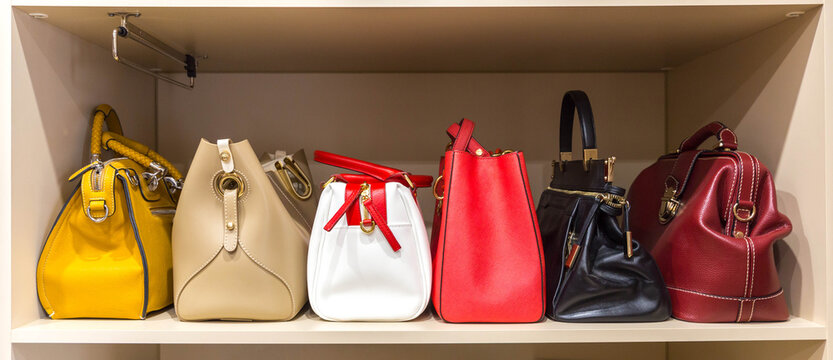collection of handbags in woman`s closet