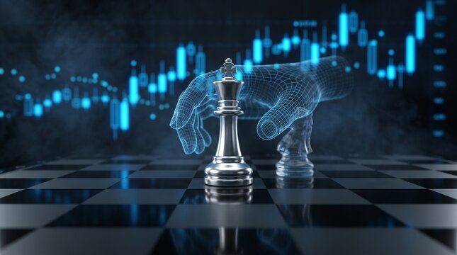 Wireframe hand moving a silver chess king piece on a board with financial data