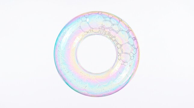 Iridescent soap bubble ring on white background, colorful liquid foam circle with pastel shimmer, macro soap film texture