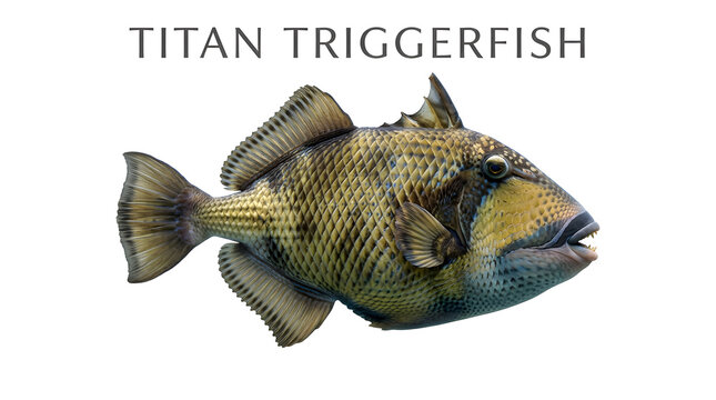 A close-up view of a Titan Triggerfish with its distinctive patterned scales and sharp fins, showcasing its unique marine anatomy