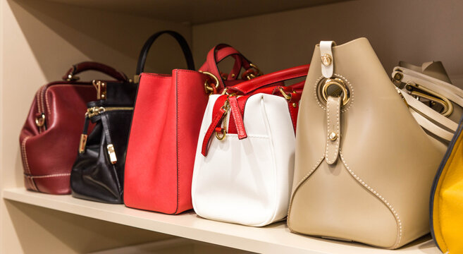 collection of handbags in woman`s closet