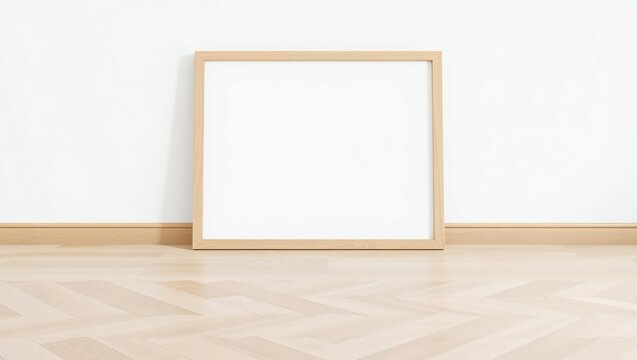 Empty wooden picture frame leaning on the floor against a clean wall