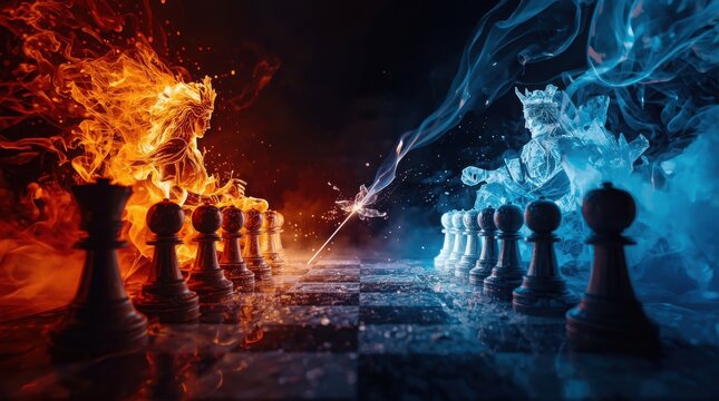 Fire queen and ice king playing a fantasy chess match on a dark board