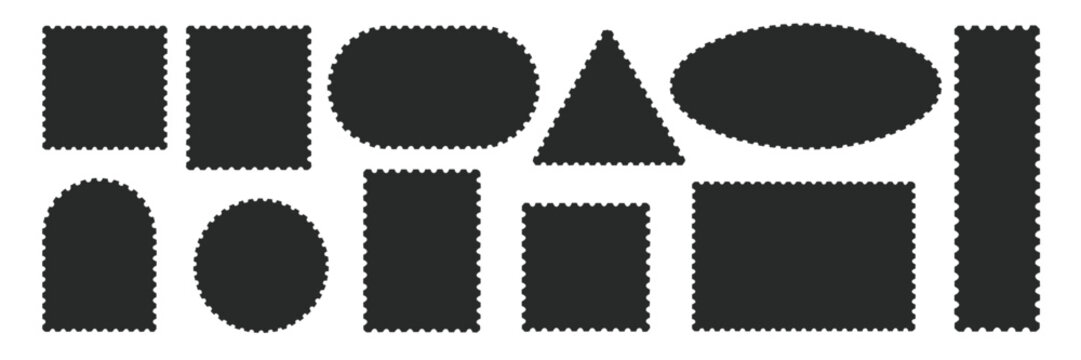 Black silhouette postage stamps and frames set of various geometric shapes including squares, circles, ovals, and rectangles on white background