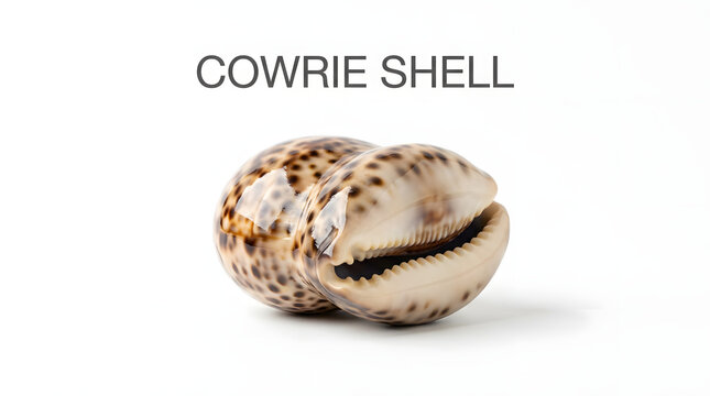 A detailed view of a cowrie shell with its distinctive pattern and opening