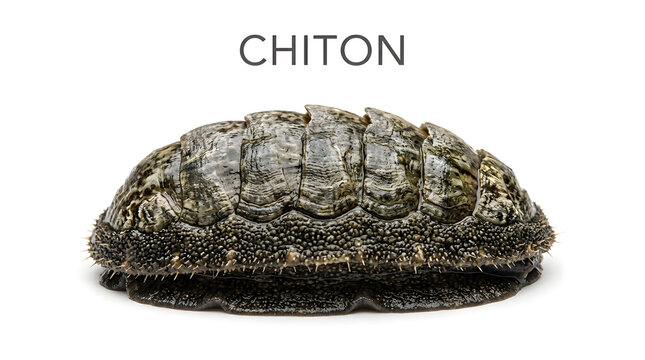 A Chiton mollusc shown in clear view. It is a marine invertebrate with a shell divided into eight plates