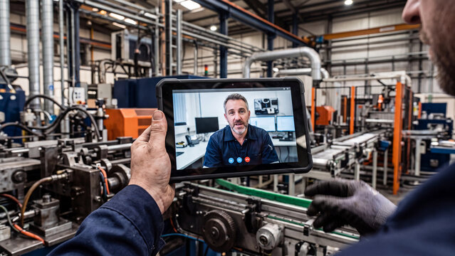 Factory technician conducting a video call on a tablet device to discuss assembly line operations with a colleague in a large warehouse.
