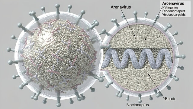 Arenavirus 3D scientific diagram, complete and cut‑open virion showing internal viral components