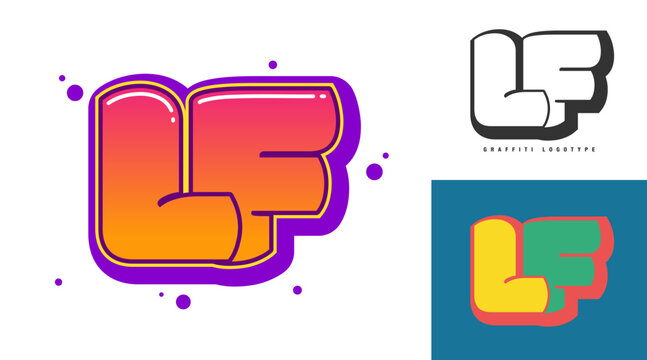 LF logo design for festival or party. Initial letter l and f in graffiti style. Creative modern lettering company name of font typography. Kids trendy logotype or identity.