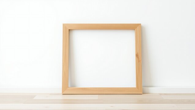 Empty square wooden picture frame leaning against a wall on a light wooden floor