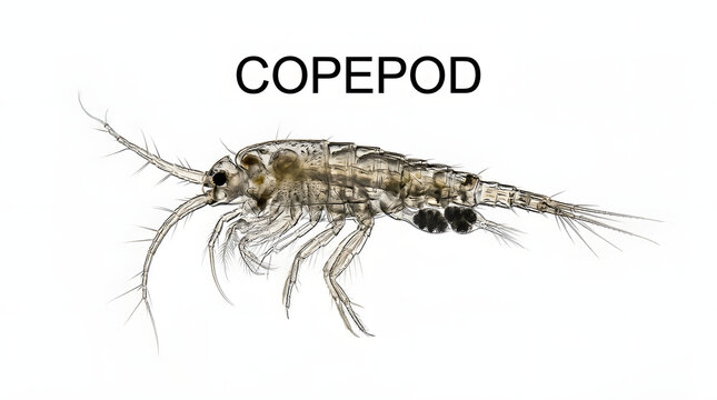 A microscopic view of a copepod, a small aquatic crustacean, showcasing its intricate anatomy and delicate antennae